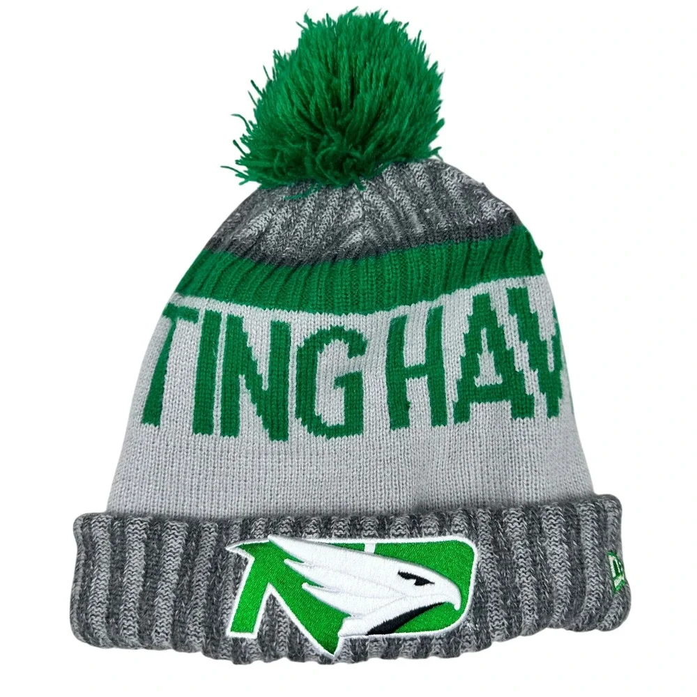 New Era North Dakota Fighting Hawks Beanie Pom Pom Knit Cap‎ Green Gray